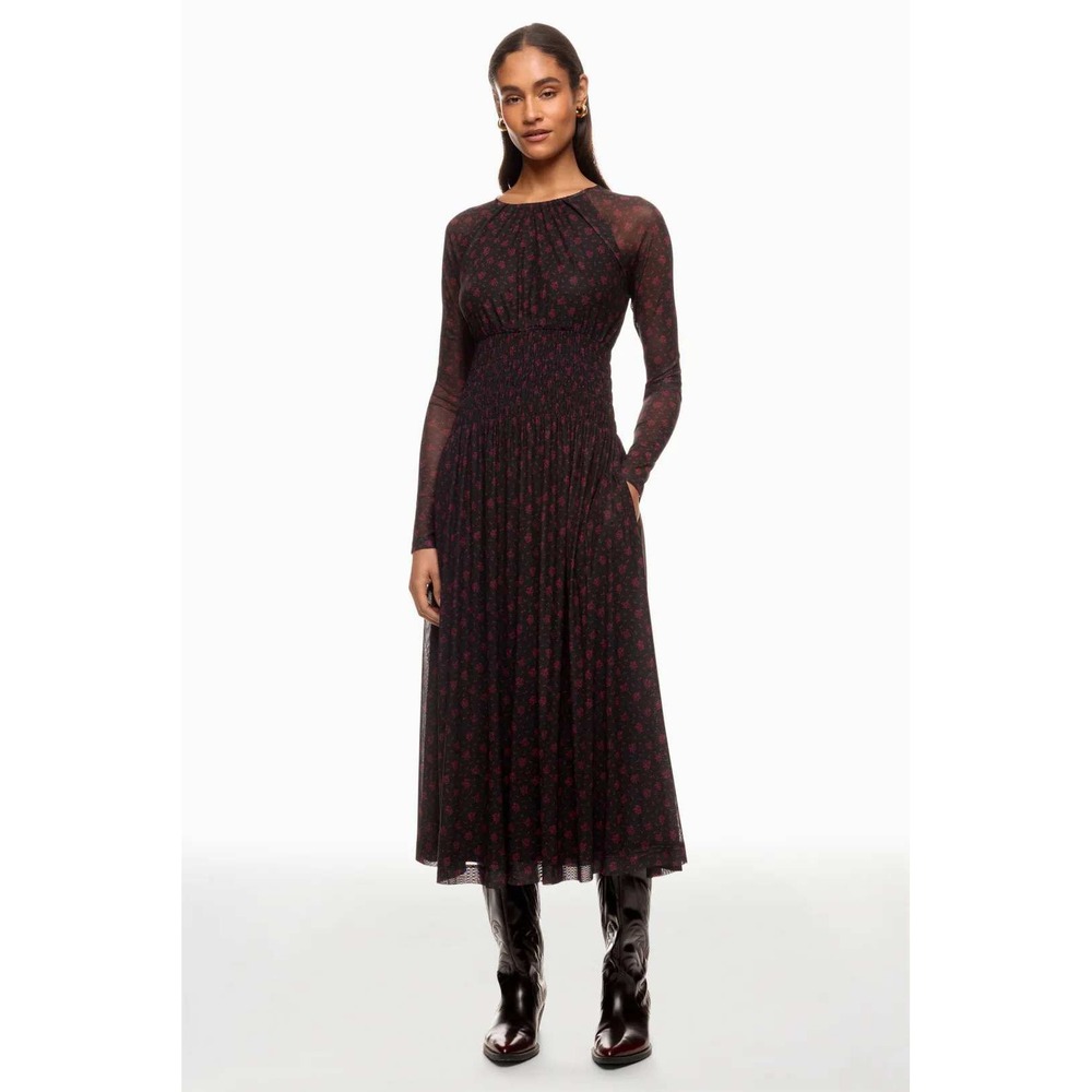 Madewell Black Red Floral Mesh Smocked Waist Midi Dress Long Sleeve XXL